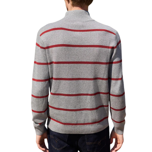 Pull en maille rayé gris et rouge en mélange de coton pour homme, col montant, manches longues, fermeture éclair quart de tour, décontracté, pour l'hiver et le quotidien - Product Image 2