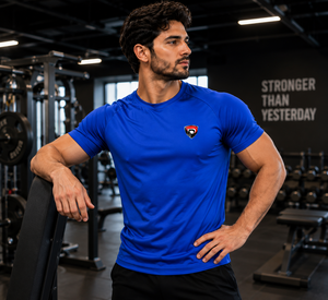 Camiseta deportiva de manga corta azul para hombre Dumela, cuello redondo, ajustada, de secado rápido, tejido de punto transpirable, antipilling en la parte delantera - Product Image 5
