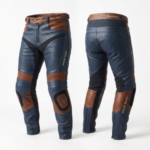 Pantalon de moto en cuir véritable avec empiècements extensibles en accordéon - Product Image 1