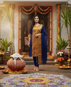 Trendy Kanchi Cotton Kurti with Dupatta Set A Line Kurtis Traditional Indian Ethnic Wear Blue <b>Gold</b> Diwali Outfit Regular Fit - Product Image 1