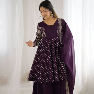 Crunchy Silk Embroidered Sequin <b>Kurti</b> and Sharara Palazzo Set with Matching Dupatta Fully Stitched Ethnic Party Wear Size - Product Image 1