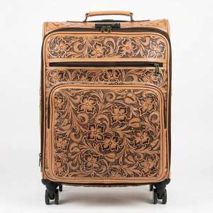 Maleta de Cuero Genuino 100% con Tallado Floral Hecho a Mano, Diseño Clásico y Simple, Apertura Frontal, Ruedas Giratorias, de Alta Calidad - Product Image 1