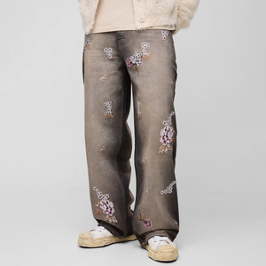 Jeans Clásicos de Pierna Ancha con Bordado Floral para Hombre, Estilo Urbano, Corte Holgado, Cintura Media, Lavado Arena, Relaxed - Product Image 1