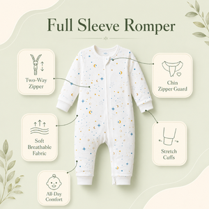 Combinaison bébé en coton à manches longues avec fermeture éclair bidirectionnelle |   Pyjama unisexe respirant à imprimé étoiles et lune, avec protège-menton et poignets extensibles, toutes tailles - Product Image 5