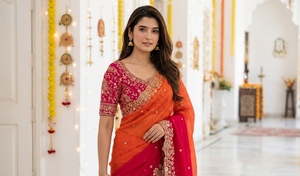 AARA Fashion Traditional Indian Silk <b>Saree</b> Women <b>Red</b> Orange Wedding Wear Floor-Length Regular Fit Stretchable Sun Protection All - Product Image 2