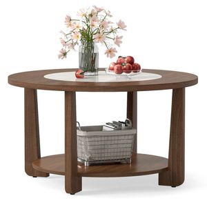 Tavolino da Caffè Rotondo in Stile Rustico con Piano Bicolore e Ripiano Aperto per Arredamento Soggiorno - Product Image 4