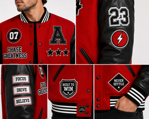 Legend Status Red <b>Men's</b> Varsity <b>Jacket</b> 100% Cotton Anti-Bacterial Zipper Closure Sleeve Patch Design <b>Letter</b> Print Casual Style - Product Image 6