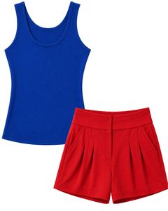 Manufacturer Royal Blue Sleeveless Tank <b>Top</b> With Red High Waist Shorts Women Casual Summer Lounge Two Piece Outfit Set Clothes - Product Image 1