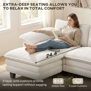 Divano Sezionale a L Beige a 3 Posti con Seduta Profonda, Pouf Mobile e Braccioli Imbottiti in Piuma - Product Image 4