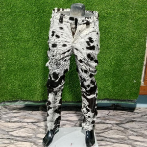 Cow Hair Leather Pant <b>Men</b> Western Cowhide Fur <b>Trousers</b> Black And <b>White</b> Spotted Real Hair On Hide Slim Fit - Product Image 1