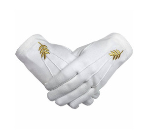 Gants universels maçonniques en coton blanc avec broderie feuille d'acacia dorée, gants de cérémonie pour loge maçonnique - Product Image 1