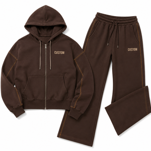 Brown Womens Zip Hoodie Jogger Tracksuit Contrast Stitch Detail Cropped <b>Top</b> <b>Layered</b> Look Casual Streetwear Custom OEM Wholesale - Product Image 3