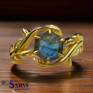 Natural Labradorite Hexagon Leaf Design <b>Ring</b> <b>Statement</b> 925 Sterling <b>Silver</b> Vintage Style Engagement <b>Ring</b> for Women - Product Image 1