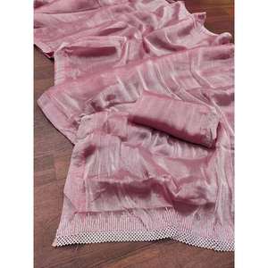SAREE DE TRAVAIL SIROSKI EN SOIE AVEC BLOUSE NON COUCHÉE PÊCHE - Product Image 1