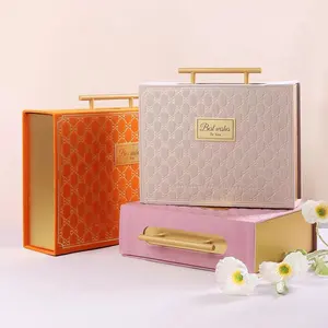 Caja de cartón con logotipo personalizado, caja de regalo con asa, cierre magnético, flip, color rosa/Beige