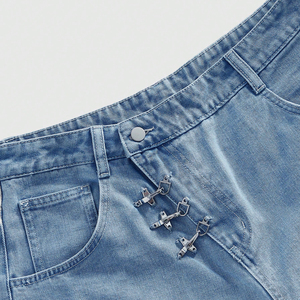 Custom Solid High Street Light Wash Denim <b>Shorts</b> for Men with Drawstring Closure <b>Wide</b> <b>Leg</b> Loose Fit Quick Dry Streetwear - Product Image 3