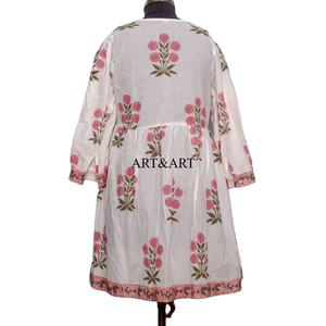 Robe trapèze vintage bohème pour femme, longueur genou, tricotée 100 % coton, manches trois-quarts, imprimé floral, faite à la main, pour les vacances, naturelle - Product Image 5
