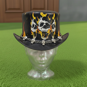 Sombrero de Copa Negro de Cuero Hecho a Mano de Primera Calidad con Calaveras y Llamas, Estilo Steampunk Gótico Rocker para Festivales - Product Image 3