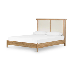 Cadre de lit rembourré moderne avec structure en teck massif, mobilier de chambre à coucher minimaliste de luxe, lit king size ou queen size pour hôtel - Product Image 2