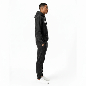 Custom Logo Black Acid Wash Tracksuit Men Heavyweight Fleece Hoodie and Jogger Set Streetwear Premium Vintage Black Acid Wash - Product Image 3