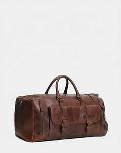 Vintage Brown Distressed Genuine <b>Leather</b> Casual Luxury Zipper <b>Duffle</b> <b>Bag</b> <b>Men</b> Retro Travel Weekender Gym Sports Water Resistant - Product Image 1