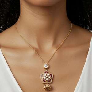 Modern 925 Silver Gold-Plated Kundan & <b>Ruby</b> Enamel Pendant <b>Necklace</b> | Traditional Ethnic Jewellery for Women <b>Necklace</b> Set - Product Image 2