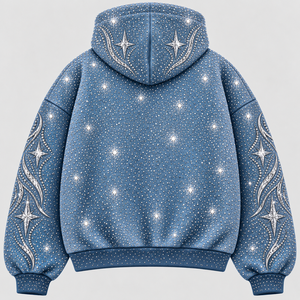 Men's Blue <b>Velour</b> <b>Hoodie</b> Rhinestone Hip Hop Pullover Sweatshirt Letter Design Regular Fit Autumn Wholesale Rate OEM Custom - Product Image 5