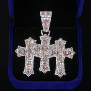 Triple <b>Cross</b> Pendant Necklace Moissanite Diamond Two Tone 925 Silver Iced Out Hip Hop <b>Chain</b> - Product Image 4