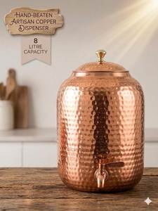 Pure Copper Hammered Water <b>Dispenser</b> with Lid and Faucet Ayurvedic <b>Drinking</b> Water Storage Container for Home Office Restaurant - Product Image 1