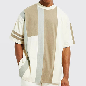 Men's Casual Color Blocked O-Neck Short Sleeve T-<b>Shirt</b> Oversized Knitted <b>Patchwork</b> Design Contrast Trim Regular Fit - Product Image 3