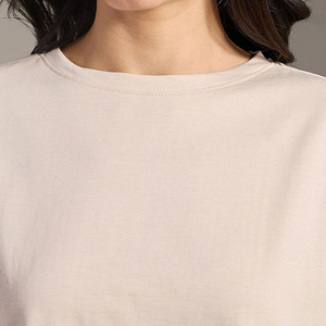 INDEX APPAREL Women's Beige Crop <b>Top</b> Crew Neck Short Sleeve Loose Fit Solid Color Casual Summer Wear - Product Image 3