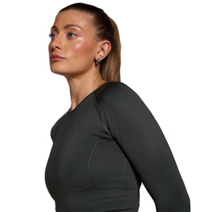 Women's <b>Black</b> <b>Long</b> <b>Sleeve</b> <b>Crop</b> <b>Top</b> Slim Fit Knitted Solid Color Sporty Crew Neck All Seasons Wear - Product Image 2