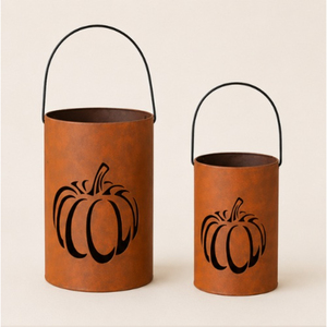 Set of 2 Metal Cutout Pumpkin <b>Lanterns</b> Farmhouse Fall Harvest Decorative Candle Holder Buckets for Halloween Party On Sale - Product Image 2