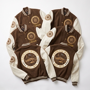 Chaqueta Bomber Varsity de Lana con Mangas de Cuero y Bordado de Laberinto, Parche de Laberinto, Abrigo Verde - Proveedor de Ropa - Product Image 3