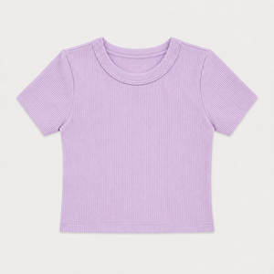 Camiseta de algodón acanalado con cuello redondo para niñas, manga corta, ajuste casual, suave, elástica, transpirable, para verano, color liso - Product Image 6