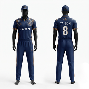 Uniforme de cricket en polyester premium 140 GSM, bleu marine avec panneau doré, impression numérique, logo d'équipe personnalisé, OEM, anti-rétrécissement, manches courtes, toutes tailles - Product Image 1