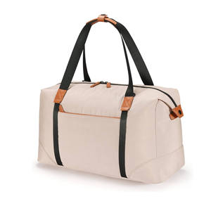 Elegant Beige Canvas Travel Duffle Bag Large Capacity Weekender with Vegan Leather Trim and Adjustable Shoulder Strap - Product Image 4