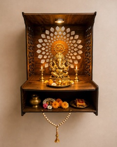 Temple hindou en bois pour la maison, Mandir Om artisanal en bois avec lumière LED, Mandala Lotus découpé au laser, à poser sur table et à accrocher au mur - Product Image 2