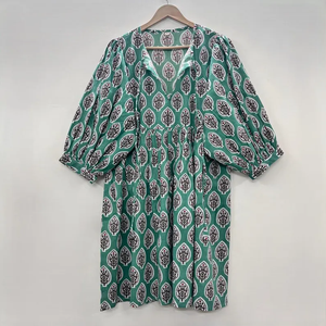 Vestido Casual Midi para Mujer, Tejido 100% Algodón, Liso, Manga Corta, Cintura Imperio, Estilo Babydoll, Cuello en V, Holgado, Funcional - Product Image 1