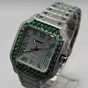 Montre mécanique automatique carrée pour homme, style hip-hop, sertie de pierres vertes, bracelet en acier inoxydable - Product Image 1