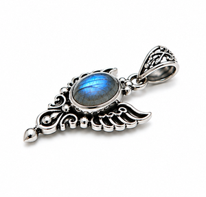 Labradorite Silver Pendant, Sterling Silver Wing Pendant, Blue Flash Labradorite <b>Necklace</b>, Gothic Angel Pendant, Statement - Product Image 3