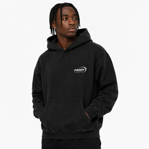 Sudadera con capucha unisex extragrande de color negro carbón con efecto vintage, de tejido grueso, con bolsillo canguro, personalizable OEM. - Product Image 4