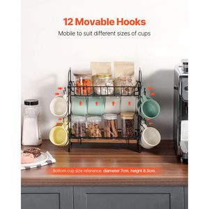 Organizzatore Multifunzionale per Caffè a 2 Livelli in MDF, 12 Ganci Mobili, 2 Ripiani, da Assemblare per Bancone, Porta Tazze, Postazione Caffè - Product Image 3