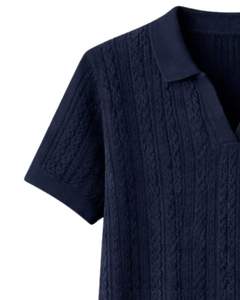 Polo de Punto Azul Marino Personalizado para Hombre, Manga Corta, Tejido de Cable Texturizado, Corte Ajustado Informal de Verano, Fabricante Mayorista OEM - Product Image 5