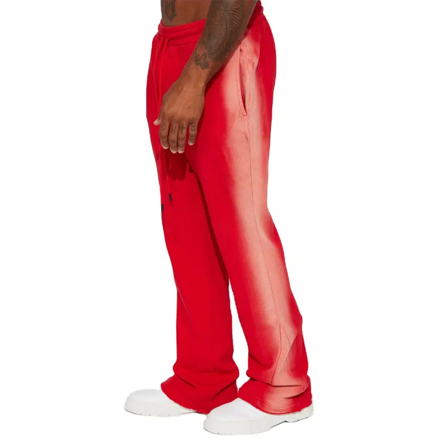 Premium Quality Fleece Men Red Colour Side Spray Washed Stacked Flared Sweatpants With Elastic Waist For Sale