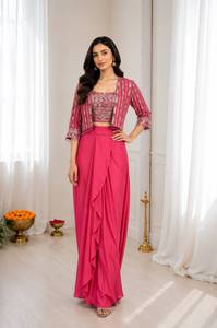 Women <b>RED</b> Embroidered Ethnic Dress Set With Floor-Length Skirt And <b>Crop</b> <b>Top</b> Traditional Party Wear India Pakistan Style - Product Image 2