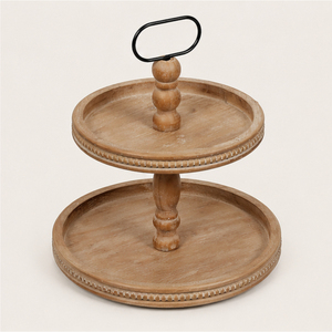 Handcrafted Rustic Wooden Two Tiered Tray with Metal Handle Farmhouse Tiered Serving Stand for <b>Kitchen</b> & Cupcake Display - Product Image 1