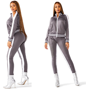 Trajes de chándal con cremallera frontal y cuello acanalado para mujer, trajes de chándal ajustados con cremallera para correr - Product Image 1