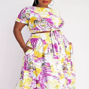 Vente en gros de jupes maxi droites à fleurs pour l'été 2021, ensemble 2 pièces pour femmes, taille plus, tenue sexy à manches courtes avec fleurs - Product Image 1