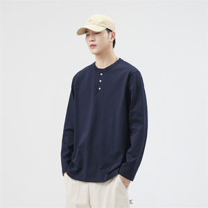 Men's Olive Green <b>Henley</b> Long Sleeve T-<b>Shirt</b> Solid Color Button Up Collar Casual Oversized Fit 100% Cotton Knitted Autumn Wear - Product Image 2